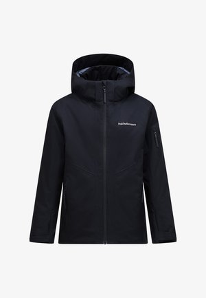 Schwarze wasserdichte Jacke mit Kapuze, Frontreißverschluss und Seitentaschen. Verfügt über eine glatte Stoffstruktur und das "PeakPerformance"-Logo auf der Brust.