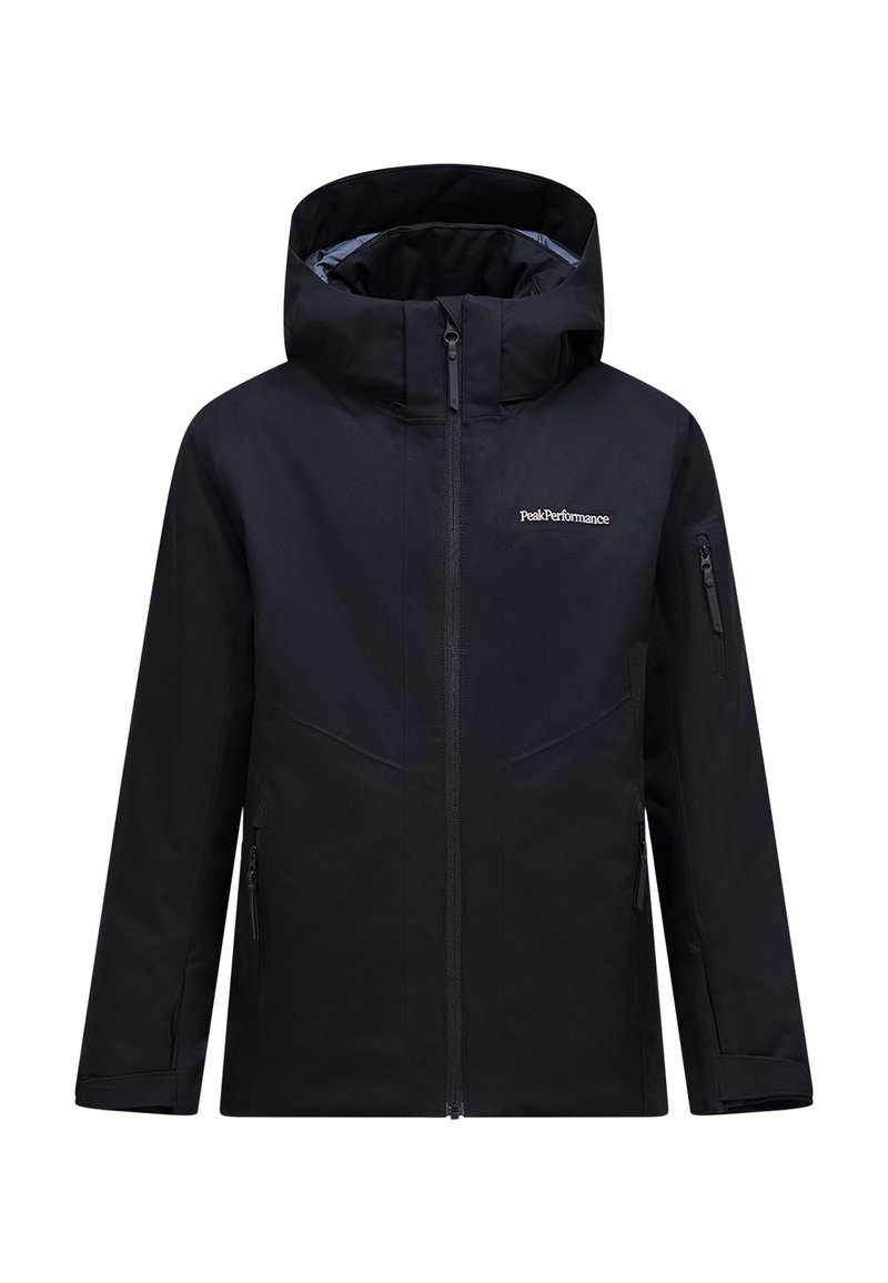 Schwarze wasserdichte Jacke mit Kapuze, Frontreißverschluss und Seitentaschen. Verfügt über eine glatte Stoffstruktur und das "PeakPerformance"-Logo auf der Brust.