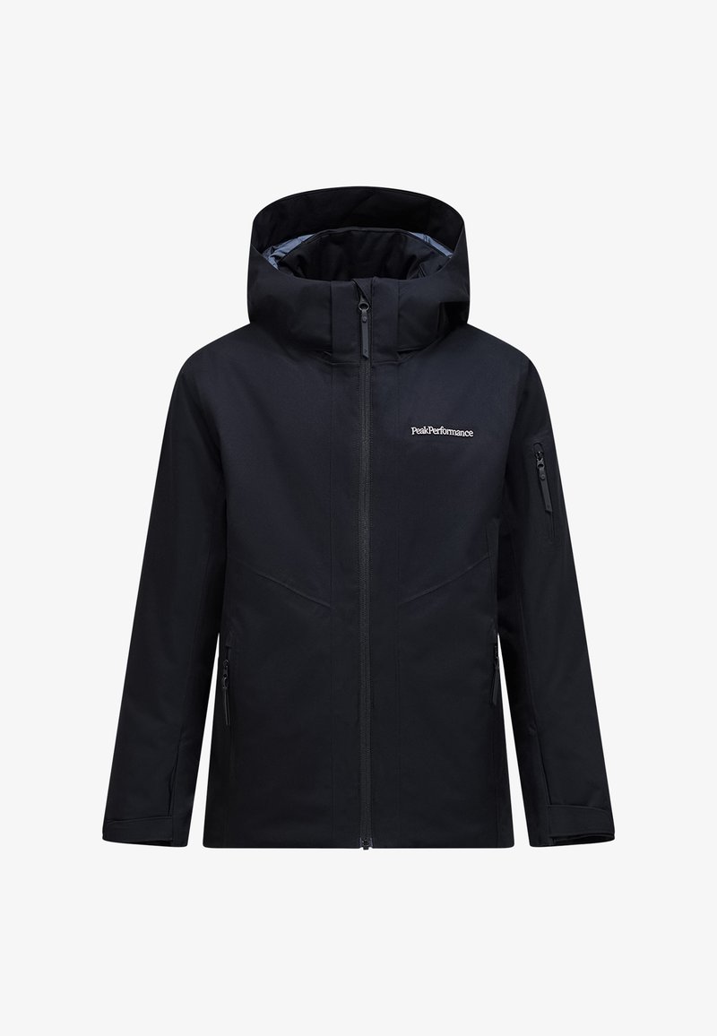 Schwarze wasserdichte Jacke mit Kapuze, Frontreißverschluss und Seitentaschen. Verfügt über eine glatte Stoffstruktur und das "PeakPerformance"-Logo auf der Brust.