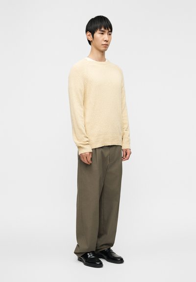 Pull en maille beige texturée, coupe décontractée avec manches longues, associé à un pantalon olive ample et des chaussures en cuir noires. Design simple et minimaliste.