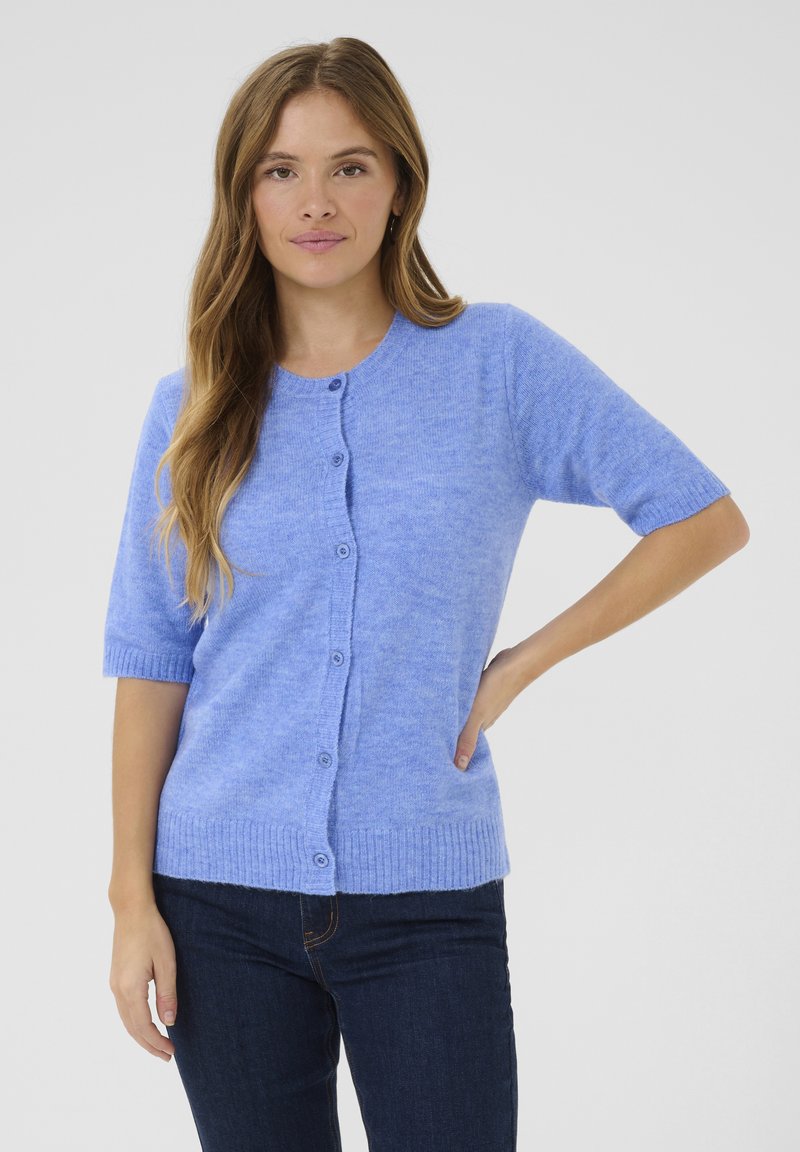 Light blue short-sleeve cardigan in soft textured material, featuring a round neckline and six buttons down the front, with ribbed hem.