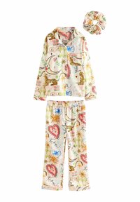 Langærmet pyjamasæt i let stof med farverige mønstre af hjerter, sole og dyreprint. Inkluderer matchende scrunchie.