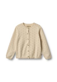 Beige gestrickte Strickjacke mit rundem Ausschnitt, langen Ärmeln und Knopfverschluss. Sie hat ein strukturiertes Muster und einfache goldene Knöpfe.