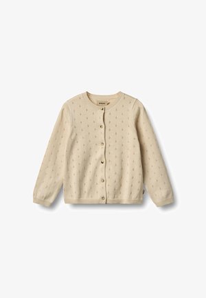 Beige gestrickte Strickjacke mit rundem Ausschnitt, langen Ärmeln und Knopfverschluss. Sie hat ein strukturiertes Muster und einfache goldene Knöpfe.