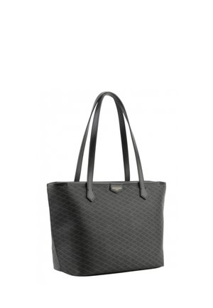 Sac fourre-tout noir avec motif losange, forme structurée et deux longues anses, avec une petite plaque logo dorée sur le devant.