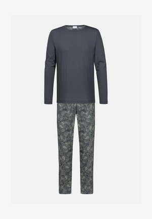 Langourige donkergrijze katoenen blouse met lange mouwen, gecombineerd met blauwe pyjamabroek met paisleypatroon, in een comfortabele pasvorm en gladde textuur.