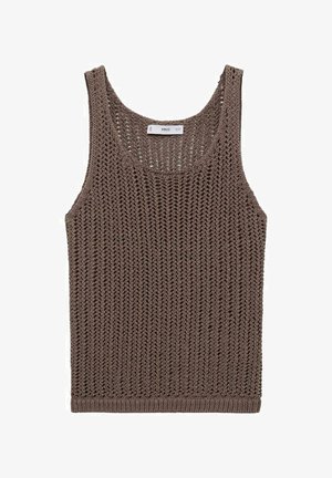 Débardeur en tricot marron avec une coupe ample, un grand col et une texture en maille ouverte. Présente un ourlet droit et une étiquette de marque minimaliste.