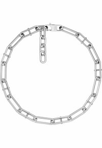 Silberne Metallarmbandkette mit verlängerten Gliedern, einer glatten Textur, einem sicheren Verschluss und einem dekorativen zusätzlichen Kettendetail.