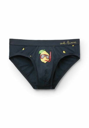 Granatowe męskie bokserki z wzorem cytryn oraz cytryną w sprzęcie do nurkowania nadrukowaną z przodu, "sub-line" wyszyte na pasku w talii.