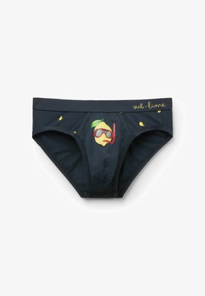 Granatowe męskie bokserki z wzorem cytryn oraz cytryną w sprzęcie do nurkowania nadrukowaną z przodu, "sub-line" wyszyte na pasku w talii.