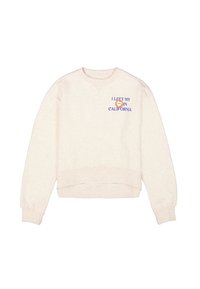 Lichtbeige cropped sweatshirt met lange mouwen, een V-hals en een geprinte graphic met de tekst "IK HEB MIJ IN CALIFORNIA LATE" in blauw en oranje.