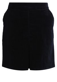 Tummansininen corduroy-hame, jossa on suora muotoilu, taitetut sivutaskut ja keskisuora halkio edessä. Sileä pinta.