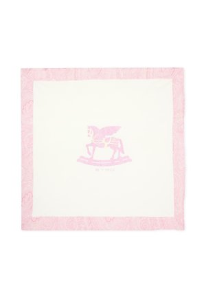 Foulard quadrato bianco con bordo paisley rosa e un cavalluccio a dondolo rosa al centro con le ali e testo "ETRO" sotto.