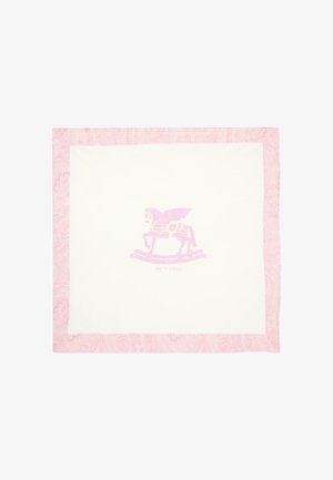 Foulard quadrato bianco con bordo paisley rosa e un cavalluccio a dondolo rosa al centro con le ali e testo "ETRO" sotto.