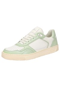 White and pale green leather sneaker with perforated toe, rounded shape, flat beige sole, and lacing near the padded tongue.