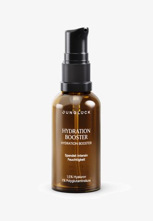 Brown pump bottle labeled "Jungluck Hydration Booster" with 1.5% Hyaluron and 1% Polyglutaminsäure for intensive moisture.