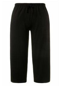 Zwarte joggingsbroek van zacht materiaal; heeft een elastische tailleband met een trekkoord en taps toelopende pijpen voor een relaxte pasvorm.