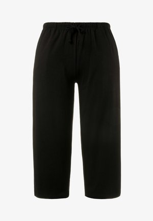 Sorte sweatpants lavet af blød stof; har en elastisk talje med snor og smalle ben for en afslappet pasform.