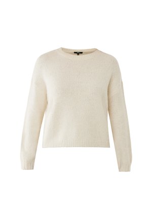 Suéter de punto beige claro con mangas largas, cuello redondo y un corte holgado. Presenta un dobladillo acanalado y una textura suave.
