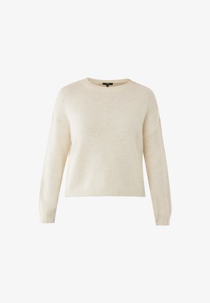 Light beige knit sweater with long sleeves, a crew neckline, and a relaxed fit. Features a ribbed hem and soft texture.