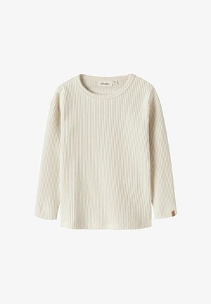 Crèmekleurig, geribd shirt met lange mouwen, ronde hals en een klein leren label op de linker mouwmanchet.