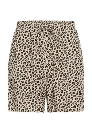 Shorts en imprimé léopard beige avec des taches noires et marron. Dotés d'une taille élastique avec un cordon de serrage pour un ajustement. Matériau léger.