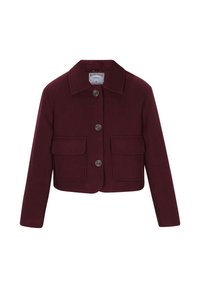 Burgunderfarbene, verkürzte Jacke aus strukturiertem Stoff, mit Kragen, vier Taschen vorne und braunen Knöpfen.