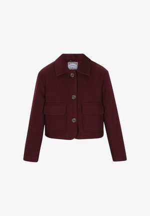 Giacca cropped bordeaux in tessuto testurizzato, con colletto, quattro tasche frontali e bottoni marroni.