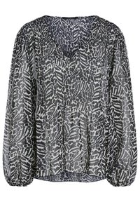 Blusa trasparente in tonalità di nero e bianco con scollatura a V, polsini elasticizzati e una forma fluida e ampia caratterizzata da una stampa astratta.