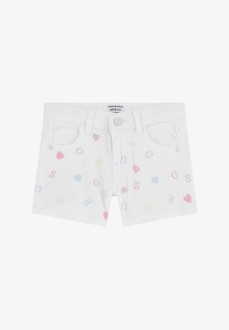 Weiße Jeansshorts mit bunten bestickten Buchstaben und Herzformen. Vordertaschen und ein Knopfverschluss an der Taille.
