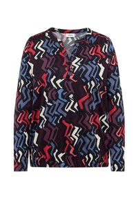 Langarmshirt mit Henley-Ausschnitt, das ein mehrfarbiges abstraktes Muster in Rot, Blau, Weiß und Schwarz aufweist. Das Material scheint weich zu sein.
