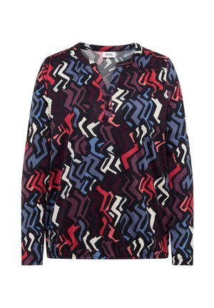 Langarmshirt mit Henley-Ausschnitt, das ein mehrfarbiges abstraktes Muster in Rot, Blau, Weiß und Schwarz aufweist. Das Material scheint weich zu sein.
