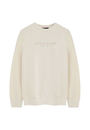 Sudadera beige claro con cuello redondo, mangas largas y texto "POLO CLUB Established 2012" centrado en el pecho en un color sutil y a juego.