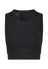Haut de sport noir sans manches, court, avec encolure ronde, large bande sous la poitrine, et étiquette "Ted Baker Sport" à l'intérieur du col.