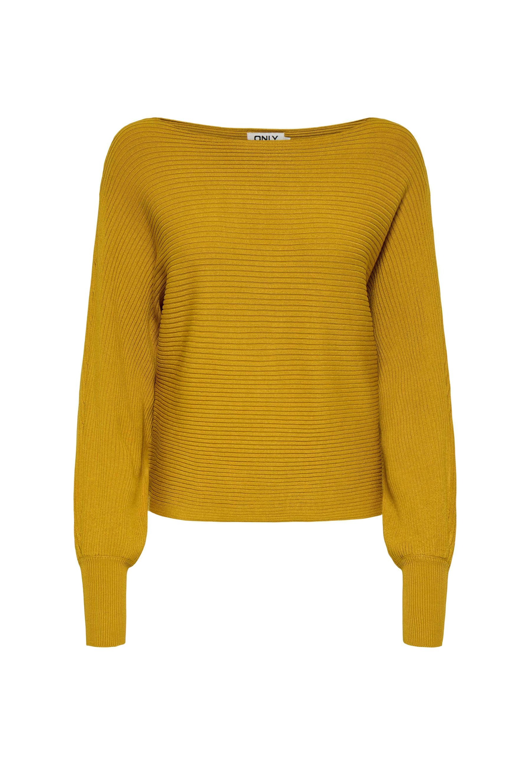 Sennepsgul, ribbet strikkegenser med off-shoulder halsing, lange ermer og en avslappet passform. Har en myk tekstur.
