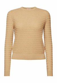 Beige pletený svetr se strukturální mřížkovou vzorou, dlouhými rukávy a kulatým výstřihem. Měkká tkanina s žebrovaným lemem a manžetami.