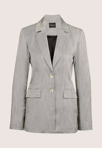 Silberner Blazer mit strukturiertem Finish, zwei Fronttaschen, zwei Knöpfen, Reverskragen und schwarzem Innenfutter. Taillierte Passform.
