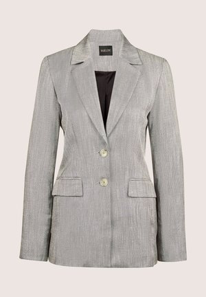 Silberner Blazer mit strukturiertem Finish, zwei Fronttaschen, zwei Knöpfen, Reverskragen und schwarzem Innenfutter. Taillierte Passform.