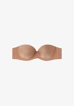Beha in nude kleur, strapless ontwerp met een gladde, zachte stof, gevormde cups en beugels voor ondersteuning. Geen zichtbare sluitingen of versieringen.