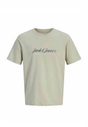 Beiges Kurzarm-T-Shirt mit dem vorne mittig in Schwarz und Weiß aufgedruckten Logo „Jack & Jones Creative Dept“.
