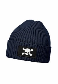Navy knit beanie with vertical ribbing, featuring a black patch displaying a white skull and crossbones design.