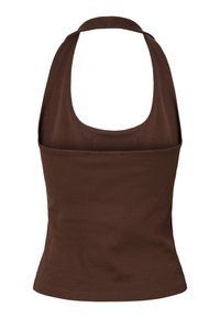 Crop top marron côtelé à col halter, silhouette ajustée et large bande autour du cou.
