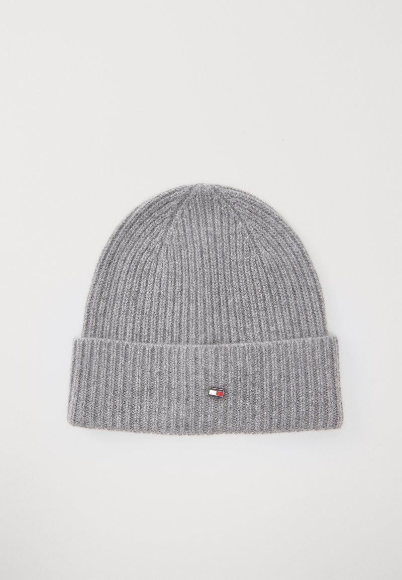 Gray knitted beanie with a ribbed texture, featuring a folded hem and a small tri-colored logo patch on the front.
