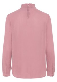 Blusa rosa a maniche lunghe con colletto ondulato alto, chiusura a occhiello sul retro e dettagli con bottone sui polsini, realizzata in un morbido tessuto testurizzato.