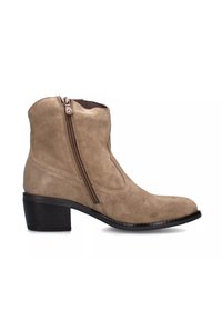 Bottine en suède beige avec une fermeture éclair sur le côté, un bout arrondi et un petit talon carré. Texture lisse avec des détails de couture minimaux.