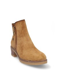 Bota de ante marrón hasta el tobillo con puntera redondeada, cierre lateral de cremallera y tacón apilado. Presenta costuras decorativas y una suela texturizada.