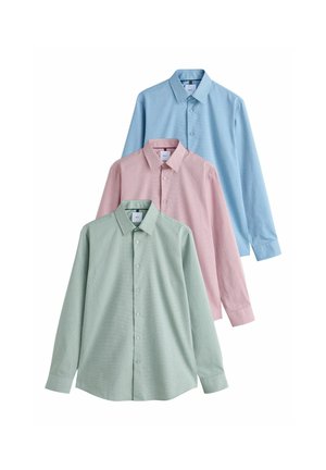 Three long-sleeve button-up shirts in light green, pink, and light blue, arranged overlapping on a white background.
