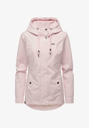 Jasnoróżowa damska wodoodporna kurtka z kapturem, sznurkami z przodu, zatrzaskami i dwoma skośnymi kieszeniami.