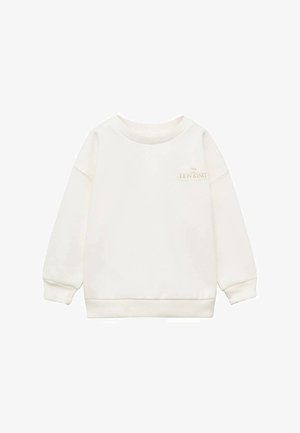 Hvid sweatshirt lavet af blødt stof, med rund hals, lange ærmer og et lille guld "Løvernes Konge" logo på forsiden.