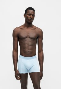 Ευτραφής άνδρας στέκεται, φοράει ανοιχτό μπλε μποξέρ με λογότυπο στη μέση, σε απλό λευκό φόντο.